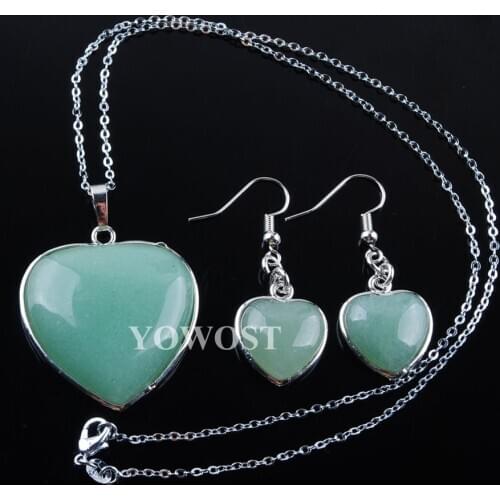 Natural Aventurine Gem Stone Heart Pointed Reiki Chakra Beads Pendant Earrings Set Chain Necklace 18 inches Jewelry QQ3064