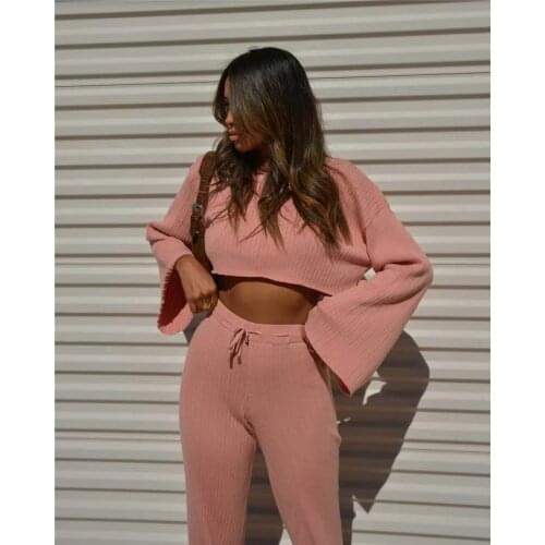 New Women Knitted Tracksuits 2 Piece Set Women Knit O-Neck Long Sleeve Top And Pants Female Jumpsuits Outfit Femme Matching Sets