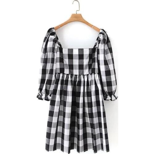 New Pop Women Checked Dress Square Collar Short Mini Dress Elegant Vintage Chic Lady Vogue Woman Dresses