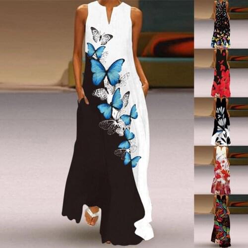 Women Butterfly Print Dress Stylish Casual Sleeveless V Neck Large Hem Maxi Dress for Summer Female Bohemian Beach Sundress