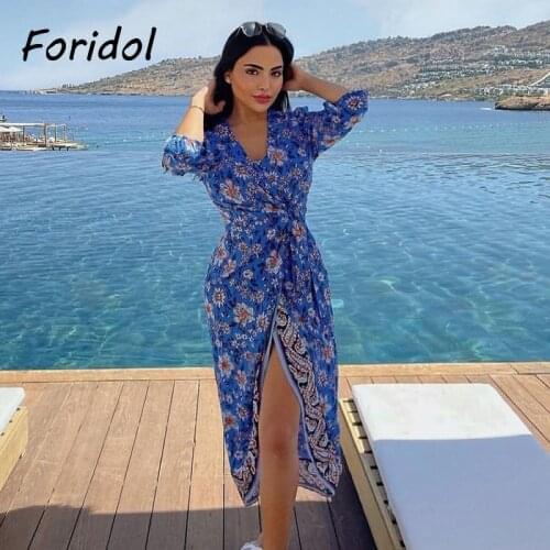 Foridol Flower Print Blue Midi Dress Women 3/4 Sleeve Slit Boho V Neck Dress Female Bowknot Summer Autumn New Dresses 2021
