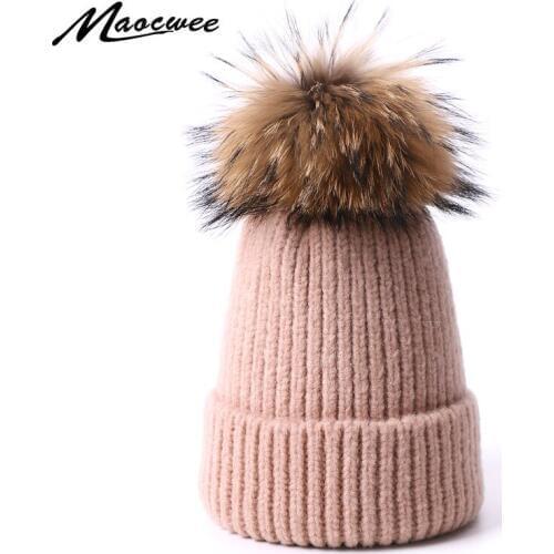 PomPon Beanie Hats Girls Caps Women Hat Wool Knit Rabbit Winter Warm Female Soft Solid Skullcap Casual Striped Cap Outdoor