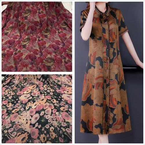 Stretch satin chiffon fabric, spring and summer printed fabric, dark green plant flowers, impervious