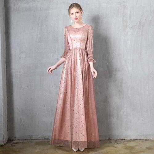 Evening Dress Sequins Simple O-Neck Empire Zipper Back A-Line Half Sleeves Elegant Floor-Length Woman Formal Party Gowns A1318