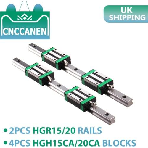 UK SHIP 2PC HGR15 HGR20 Square Linear Guide Rail HGH20 / 15 +4PCS HGH15CA HGH20CA Slide Block Carriages for CNC Router Engraving