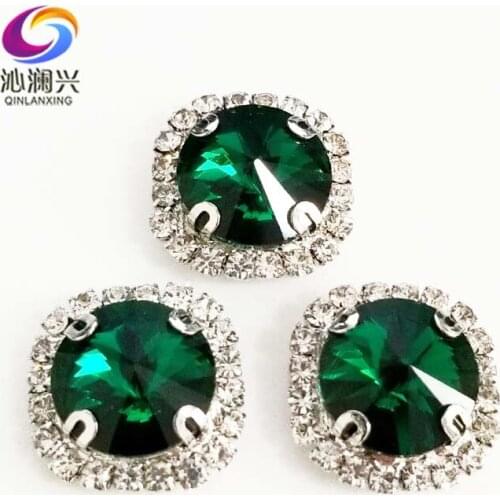 Round shape top glass crystal rhinestones with hole,Malachite gre Silver bottom sew on stone for Diy Clothing accessories