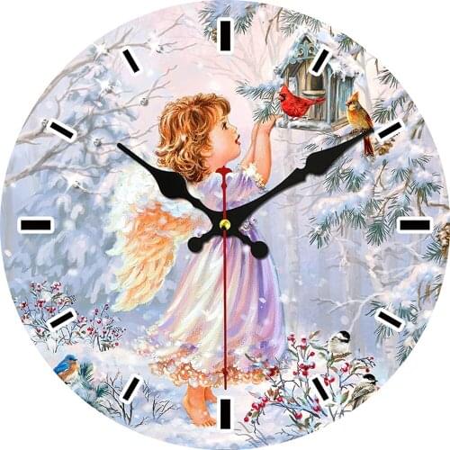 Vintage Silent Non Ticking Winter Bird Flower and Girl Oil Painting Home Wall Hanging Clock for Decoration Silent Non Ticking