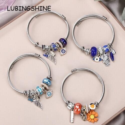 Women Stainless Steel Evil Eye Flower Charms Bracelets Wire Cable Rhinestones Open Adjustable Cuff Bangle Jewelry