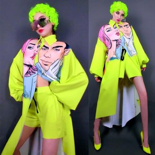 Women Nightclub Exaggerated Stage Costume Fluorescent Yellow Long Robe Pants Hip Hop Clothes Party Gogo Dj Rave Outfits DNV14670