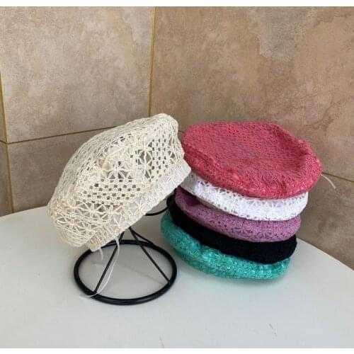 2021 New Women Handmade Crochet Beret Solid Color Hollow Sweet Floral Woven Ladies Casual Retro Casual Painter Hat