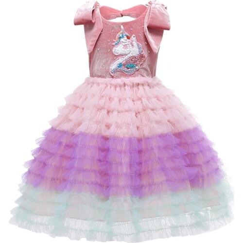 2021 Girl Mesh Sequin Cake Dresses Baby Pink Sleeveless Princess Dress Banquet Party Vestidos Children’s Dress Kid Clothes 2-10y