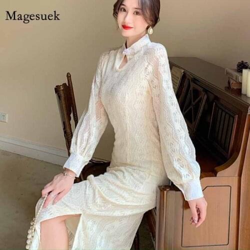 2021 Winter Slim Puff Sleeve Apricot Ladies Dress Split Side Cheongsam Dress Elegant High Waist Lace Long Dress for Women 12764