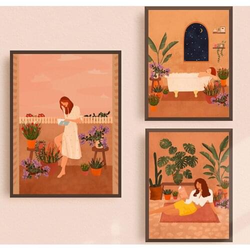 Abstract Art Girl Boho Green Plants Home Bathing Canvas Painting Nordic Posters and Prints Wall Pictures for Living Room Decor