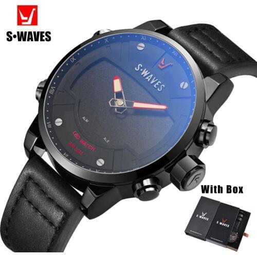 SWAVES LED Men Watch With Box Dual Display Leather Electronic Clock Man Watch 2019 Luxury Waterproof Fashion Relogio Masculino