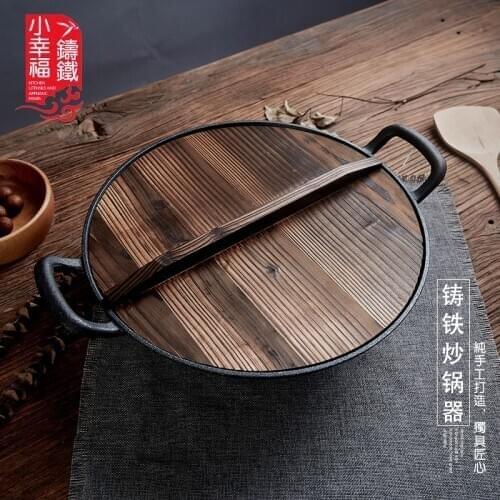 Cast iron double ear thickening fried pot household old non-stick pan Chinese wok electromagnetic furnace gas cooker stewpot