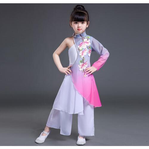Childrens classical dance costumes new style girls elegant Chinese fan dance performance clothing hmong clothes