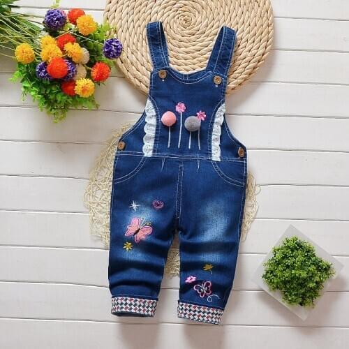 BibiCola girl autumn new one-piece jeans clothing baby child fashion cartoon pattern jeans trousers girl siamese clothing