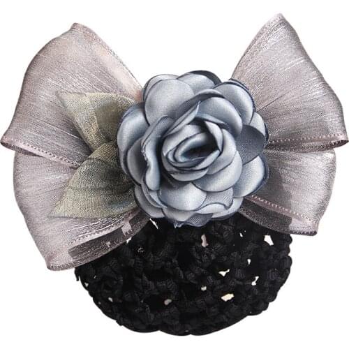 Elegant Fabric Flower Hairpin Handmade Hair Bow Clips Hairgrip Snood Cover Net Bun Professional Staff Dance Women Accessories