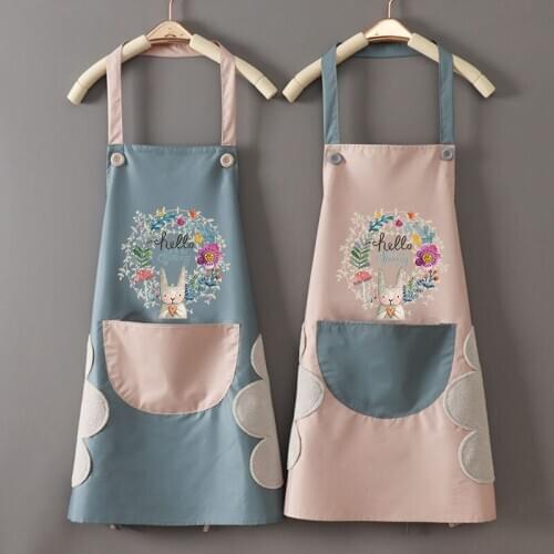 Cute Cartoon Rabbit Kitchen Apron Side Wipe Hands Waterproof Oxford Cloth Bib Pinafore Pocket For Work Home Cleaning Tool Black