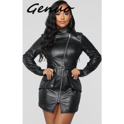 Genuo New Women Spring Autumn PU Leather Slim Dress Sexy Chic Black Long Sleeve Zipper Celebrity Bodycon Party Dresses Vestidos