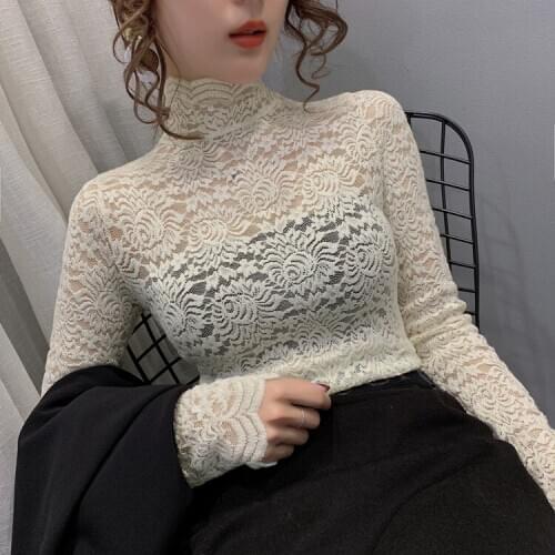 Girls Lace Blouses Shirts Tees Female Turtleneck Fashion Hollow Out Full Sleeve Semi-transparent Base Blouses Tops For Women