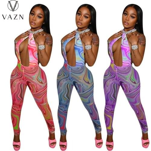 VAZN 2021 Hot Shinny Slim Halter Sleeveless Bandage Colorful Tie Dye Print Sexy Club Holiday Joker Women Pencil Leg Jumpsuits