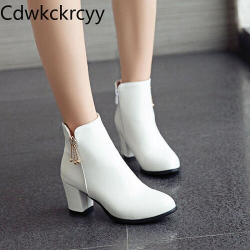 Winter The New fashion Round head Thick heel Womens boots white sweet Rhinestone Plus velvet Keep warm High heel Women boots