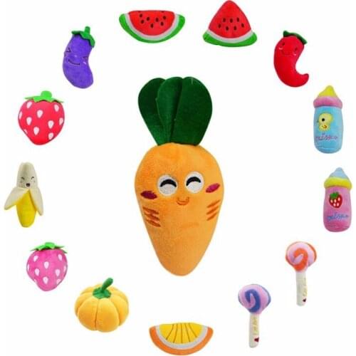 Funny Dog Toys Pet Puppy Chew Squeaker Squeaky Plush Sound Fruits Vegetables And Feeding Bottle Toys Lollipop Orange Pumpkin