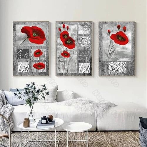 Modern Style Canvas Painting Poster and Print Beautiful Red Flowers Poppies Marble Texture for Home Rooms Gallery Wall Decoratio