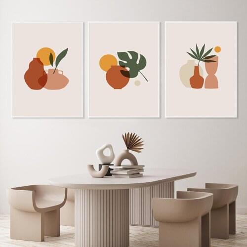 Trendy Palm Leaves And Abstract Vases Wall Art Minimalist Shapes Poster Print Picture Canvas Painting Living Room Decoretion