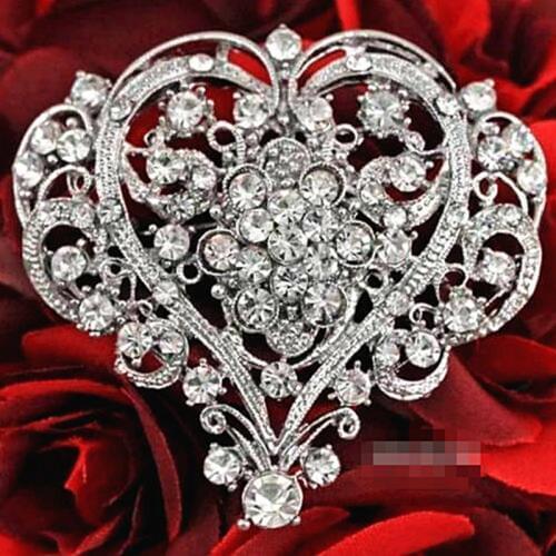 Vintage Stylish Luxury Clear Crystals Lovey Big Heart Flower Brooch Bridal Wedding Bouquet Pins