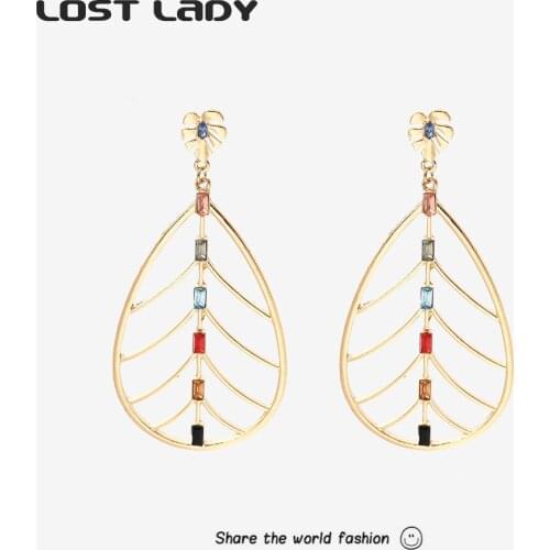 Lost Lady Hollow Leaf Dangle Earrings Fashion Simple Multicolor Crystal Earrings for Women Girls Party Jewelry Gift Wholesale