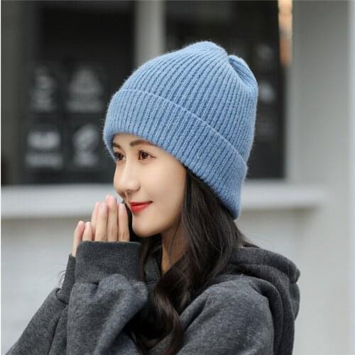 2021 New Winter Hat for Women Rabbit Cashmere Knitted Beanies Thick Warm Vogue Ladies Wool Angora Hat Female Beanie Hats
