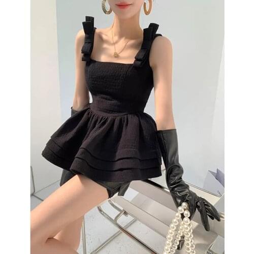 Womens New Sling Blouse French Square Collar Ruffled Bow Thin Shoulder Straps Sweet Back Zipper Korean Elegant Ladies Clothes