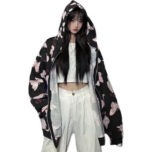 2021 Autumn Women Hip Hop Hooded Sweatshirt Butterfly Full Print Streetwear Oversized Plus Pocket Zip-Up Hoodies Teens Daily Top