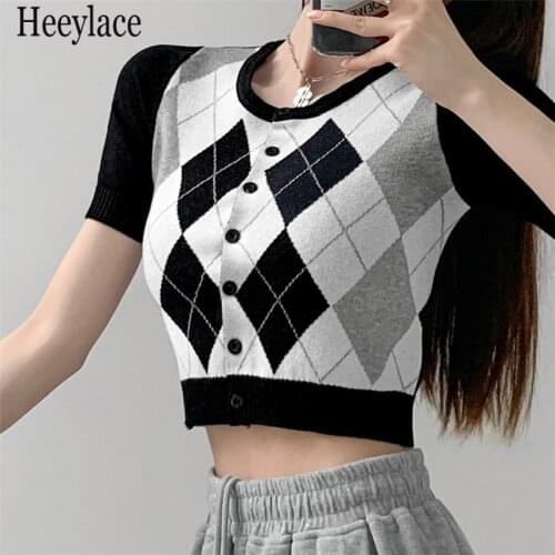 Female Short Tops Vintage Summer 2021 Plaid Hit Color Short Sleeve Single Breasted Fashion Women Knit Cardigan Thin Sweater