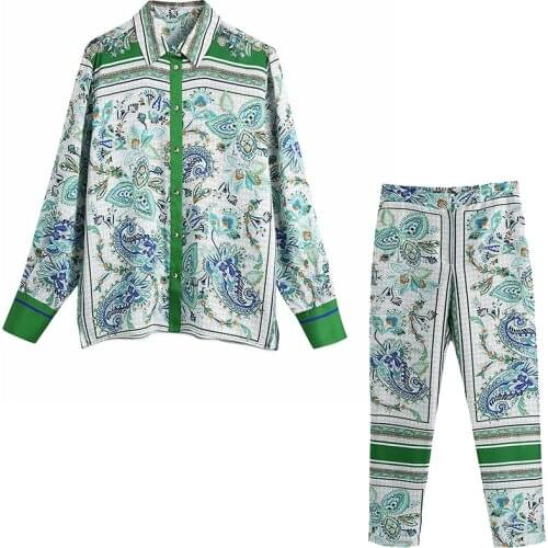 Vintage Printed Women Pants Sets Floral Print Shirts Long Sleeve Blouse Green Trousers Suit Paisley Casual Outfit Pants Sets