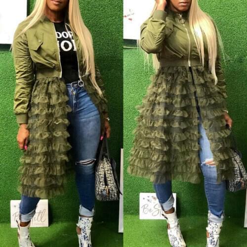 2021 Ruffled Mesh Fashion Brand Female Long Trench Coat and Jackets Womens Spring Raincoat Windbreaker