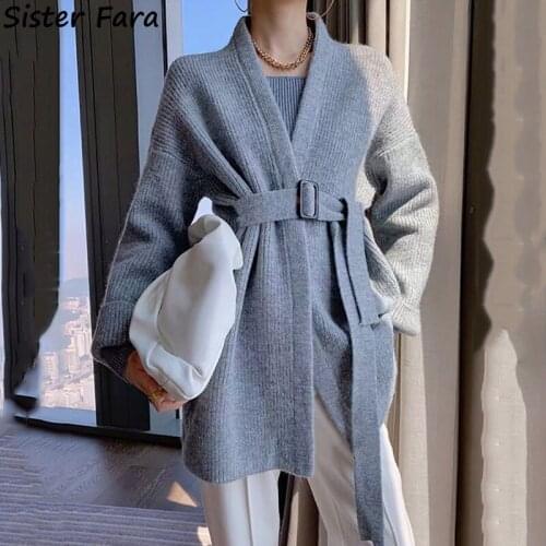 Sister Fara Autumn Winter Ladies Lace Up Long Knit Sweater Coat Women Casual Knitted Cardigan Sweater Plus Size Long Sleeve Tops