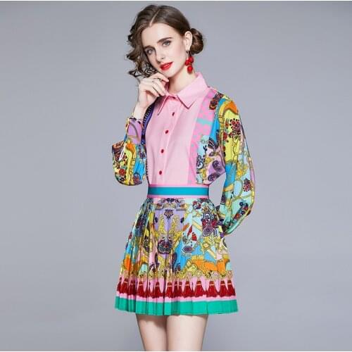 Runway Two Pieces Suits Womens Tops And Skirts National Print Pink Shirts + Pleated A Line Shorts Skirts Outfits Skirts Sets