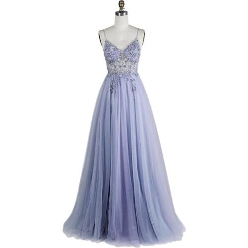 2020 Sweetheart V-Neck Purple Crystal Prom Dresses 2020 Long Straps Spaghetti Tulle A-Line Evening Gown Real Photo LE40744