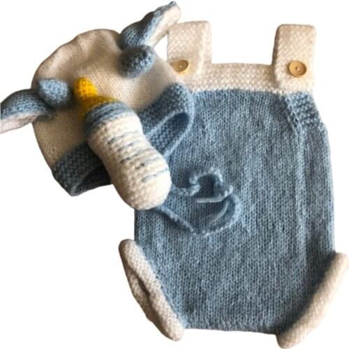 3Pcs/Set Newborn Infant Photography Props Suit Knitted Sleevless Button Jumpsuit Rompers with White Blue Cow Ox Hat Cartoon