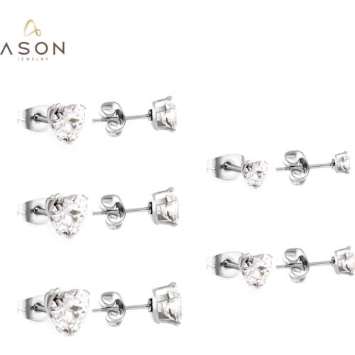 ASONSTEEL Lovely 5Pairs/lot Size 3mm-7mm Cubic Zirconia Heart Earrings Stainless Steel Earring for Women Anti-allergy Jewelry