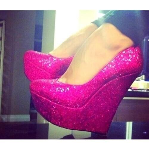 Rose Bling Bling Super Wedges Pumps High Platform Fashion Woman High Heels Slip On Pumps Glitter Sequins Stage Shoes