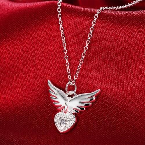 New 925 Sterling Silver 18 inches Zircon elegant Heart wings Pendant Necklace For Women Fashion wedding Jewelry Christmas Gifts