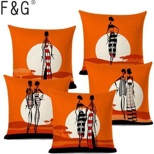 Orange Color African Style Black Women Cushion Cover Fashion African Girl Home Art Decoration Sofa Pillowcase Linen Pillow Cover