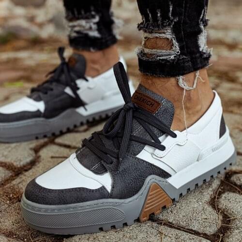 Chekich Mens Shoes White and Black Lace Up Faux Leather Mixed Color Spring Fall Seasons Breathable Comfortable Casual Office Walking Lightweight Sneakers Fabric Wedding Anthracite Outsole Footwear Gentlemen CH067 V2