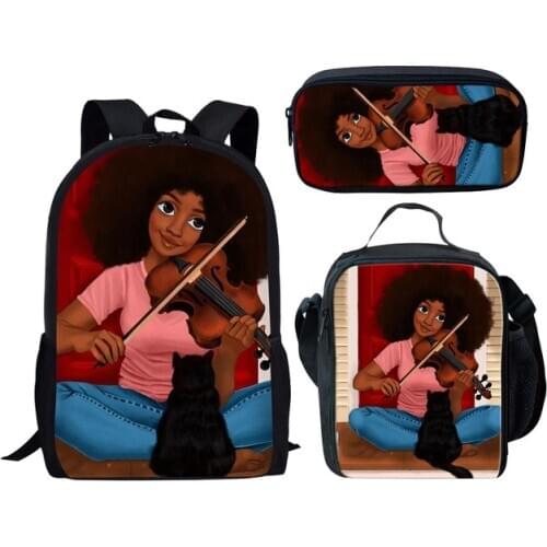 Black Women American African Girl Print Cute Student Backpack 3 In 1 School Bags Box Pencil Case Teens Bookbag Set