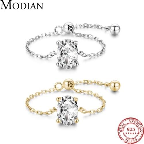 Modian 100% Real 925 Sterling Silver Oval Zirconia Female Finger Ring Adjustable Chain Link Rings For Women Wedding Jewelry Gift