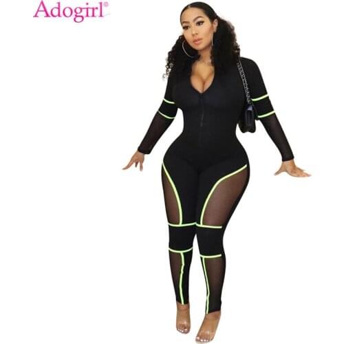 Adogirl Sheer Mesh Patchwork Bandage Jumpsuit Zipper Front V Neck Long Sleeve Women Sexy Romper Tracksuit Night Club Overalls